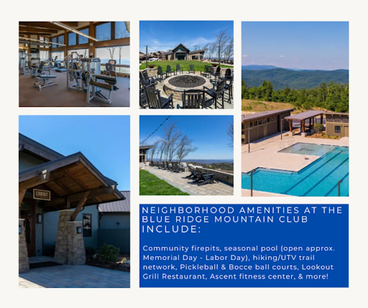 A vibrant exterior scene showing the amenities at the resort, including fitness center equipment, a fire pit area, a pool, and the entrance to the restaurant. Mountains create a scenic backdrop, and the overall environment feels lively yet upscale, suggesting a wealth of activities for guests seeking both wellness and social connection.