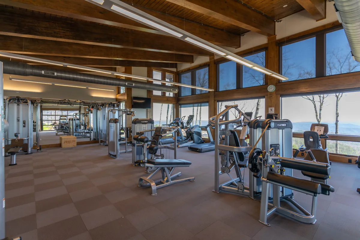 A bright, modern fitness center with exercise machines, large windows, and natural wood accents. The space feels open and motivating, inviting residents to recharge with a workout or join group classes as described in the section content.